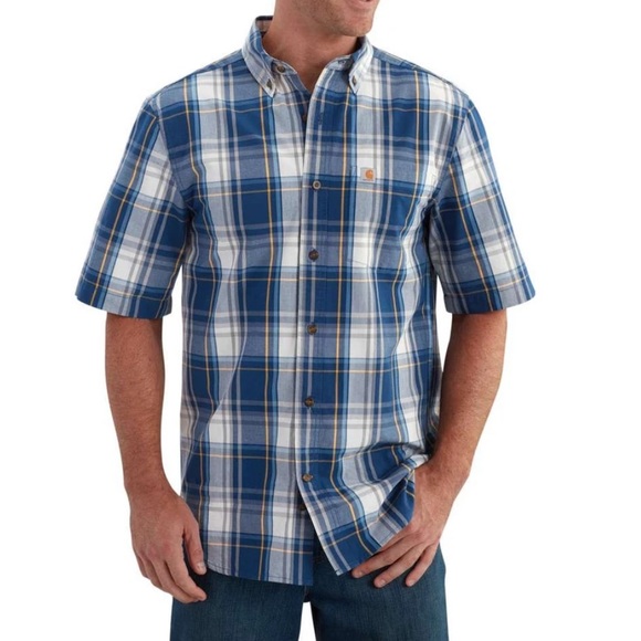 Carhartt Mens Dark Cobalt Blue Essential Plaid Button Down SS Shirt - Picture 1 of 5